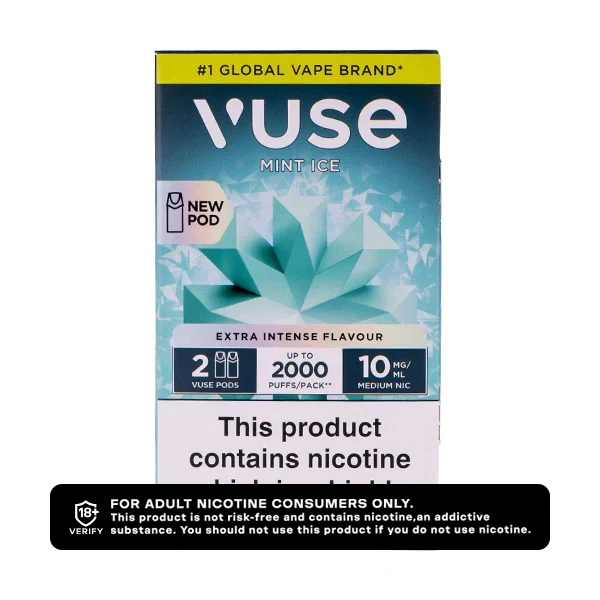 Vuse Mint Ice pods with nicotine warning and flavor details.