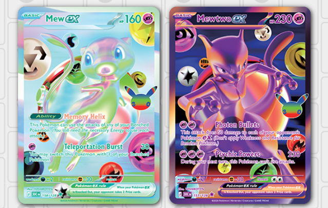 Mew and Mewtwo ex, two chase cards from the upcoming Pokémon TCG 30th Anniversary set.