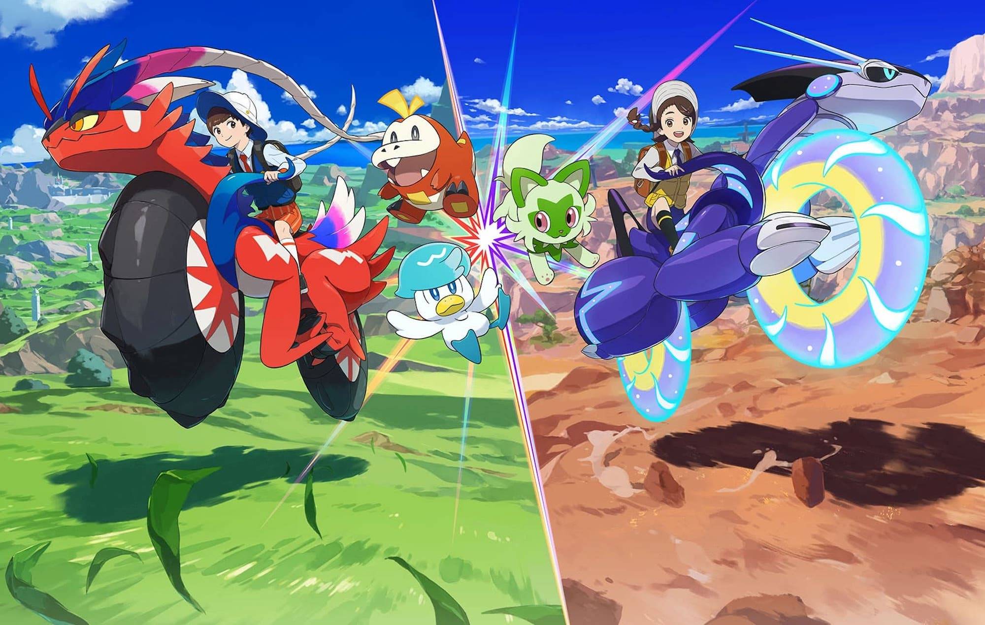 Pokémon Scarlet and Violet characters riding on legendary Pokémon.