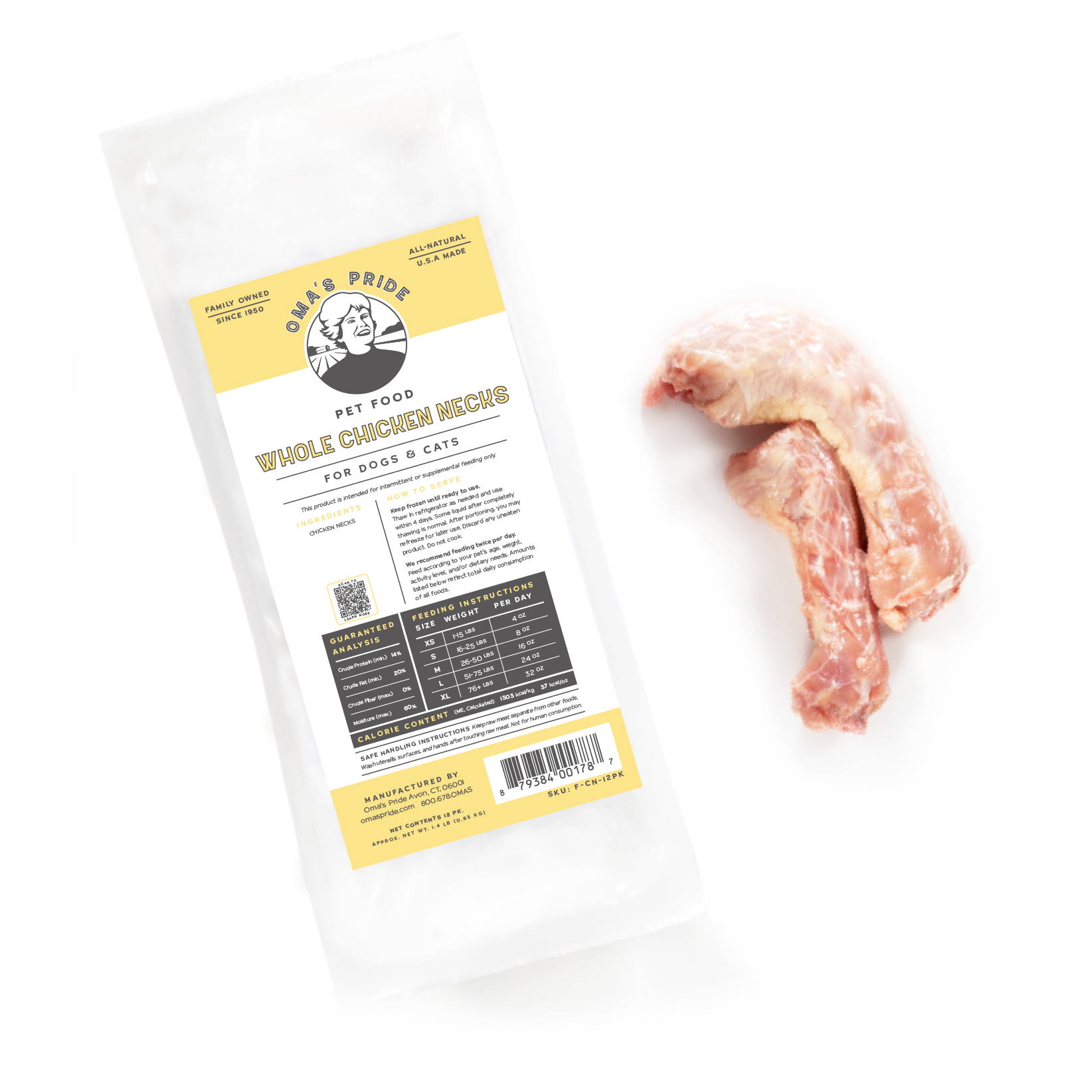 Oma's Pride whole skinless chicken necks product on white background.
