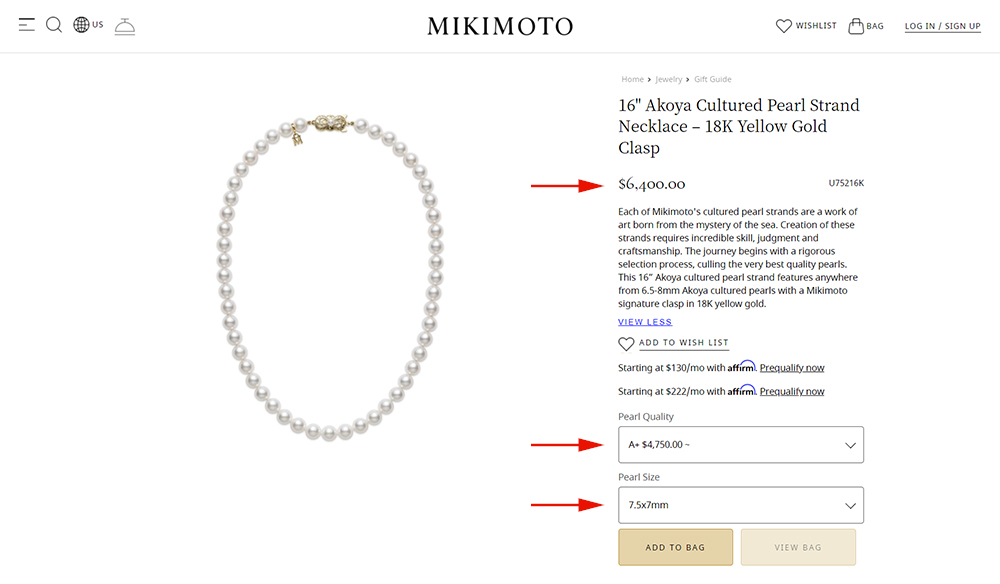 Mikimoto pearl necklace pricing