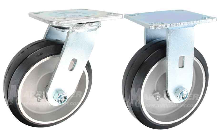 Swivel & Rigid plate casters with Rubber on Aluminum wheels that offer a smooth & cushioned ride for rough & uneven floors, Corrosion, water & chemical resistant