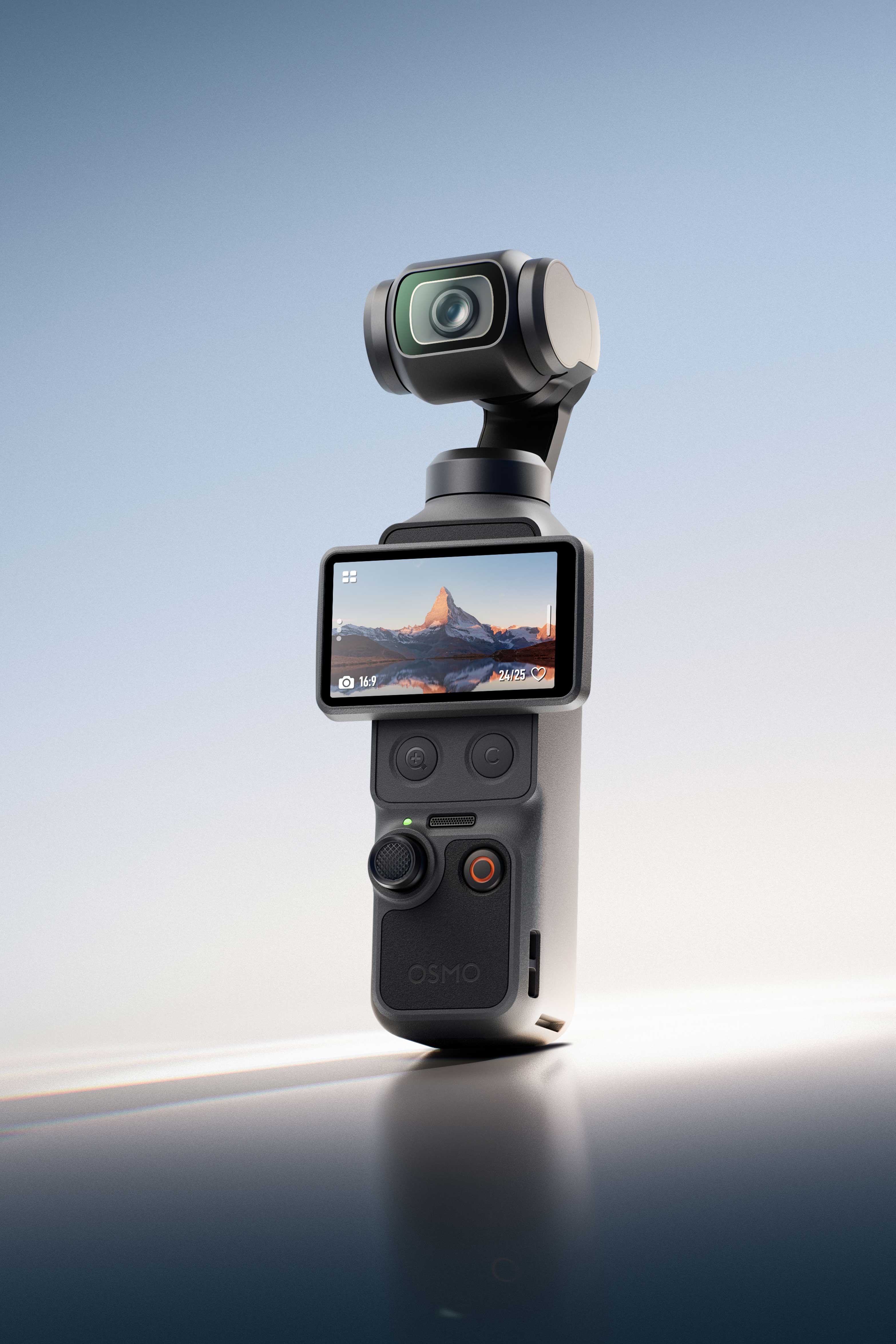 A DJI Osmo Pocket 4 resting upon a reflective surface with a gradient background.