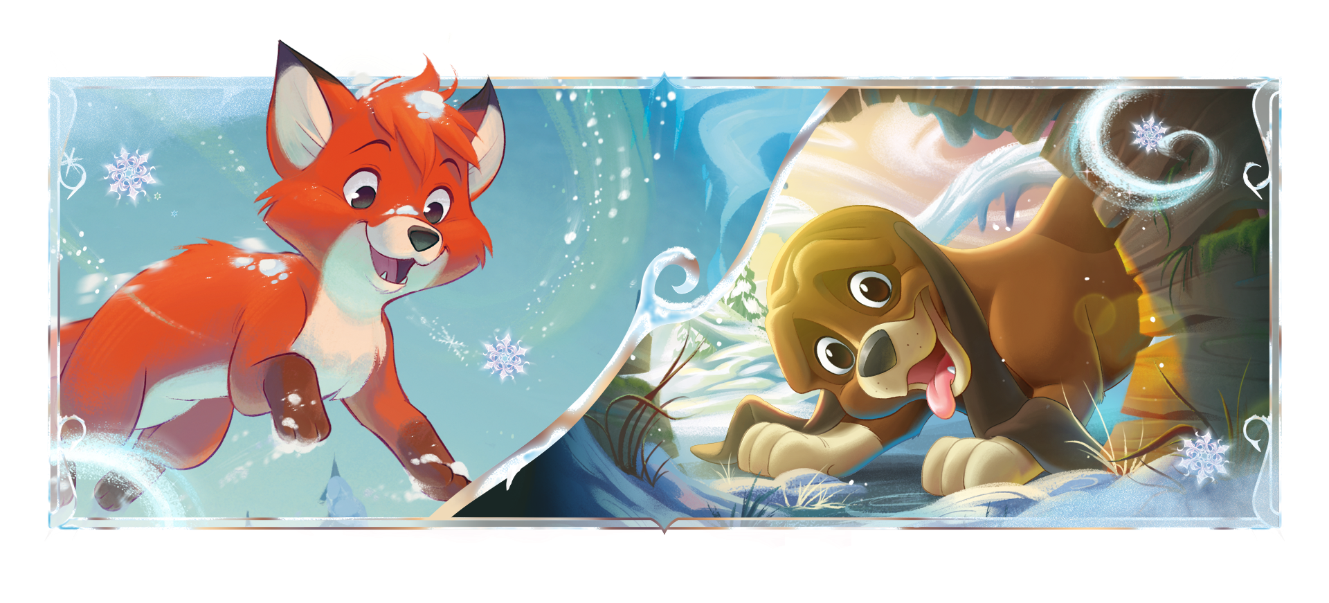 lorcana winterspell cards - A playful fox and a dog in a snowy landscape.