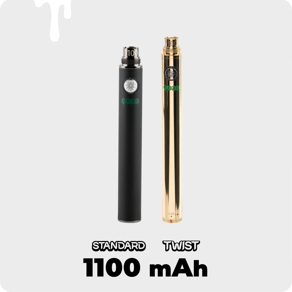 Both Ooze batteries with 1100 mAh are shown. On the left is a black 1100 standard, and on the right is a gold 1100 Twist.