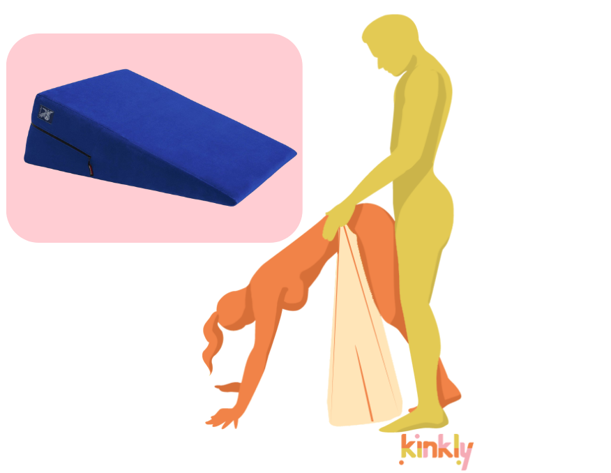 Ramp It Up sex position. Both the receiving partner and penetrating partner are standing. The receiving partner is bending in a foreward fold overtop of a Liberator Ramp. The penetrating partner is standing behind them, penetrating from behind. | Kinkly