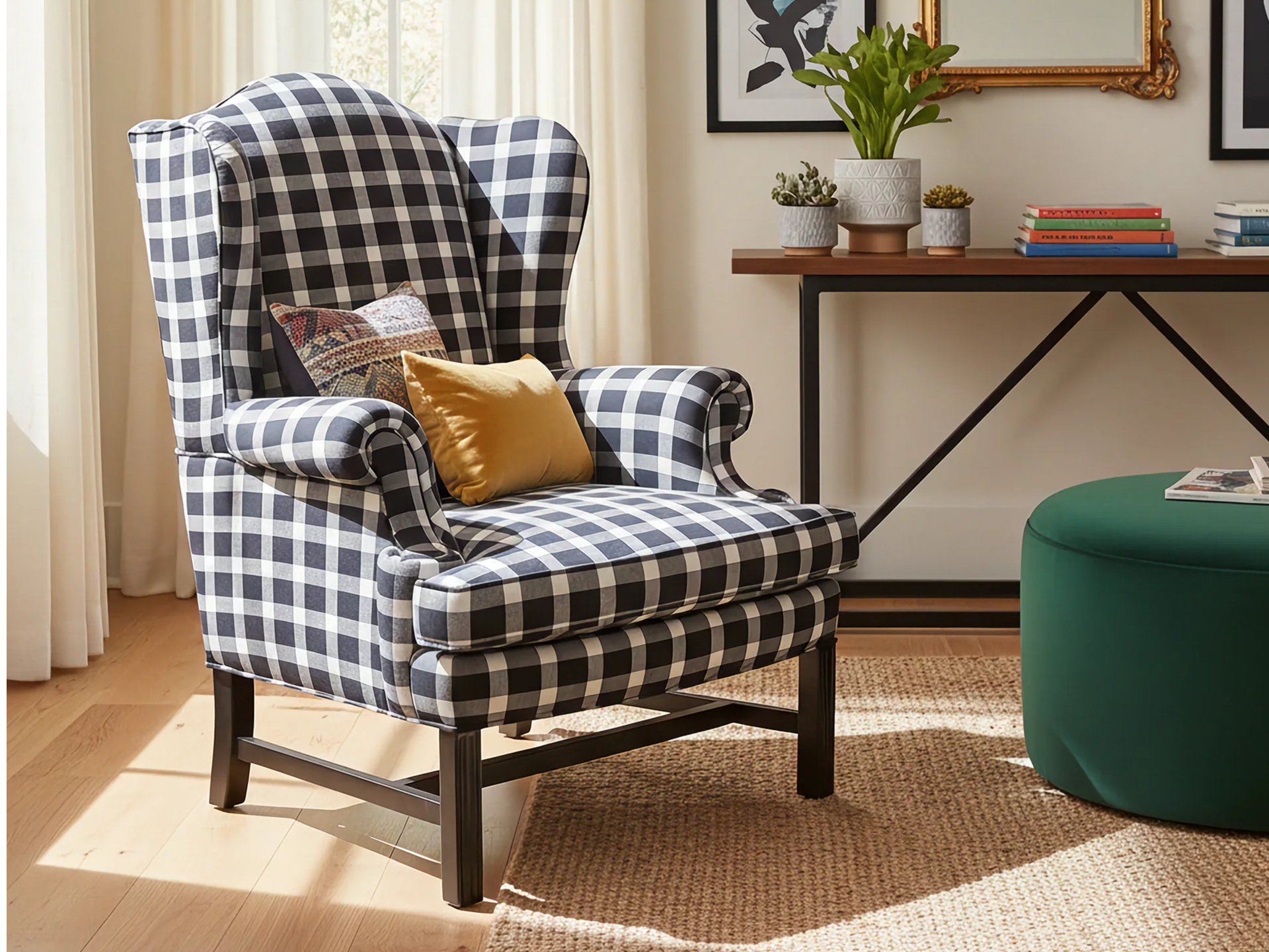 Sherrill Furniture Wing Back Chair with Tavern Check Fabric