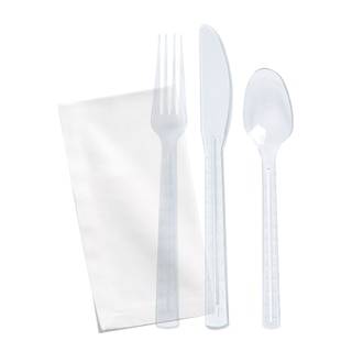 A clear fork, knife,  spoon, and napkin