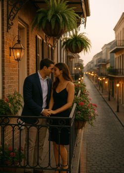Romantic couple embracing on a French Quarter balcony with historic architecture and palm trees.
