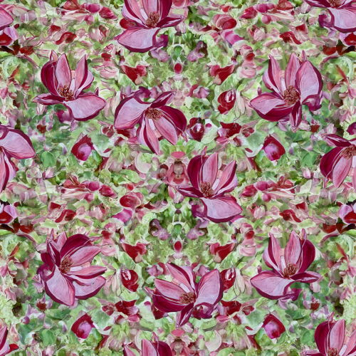 A vibrant floral pattern featuring pink flowers and green leaves.