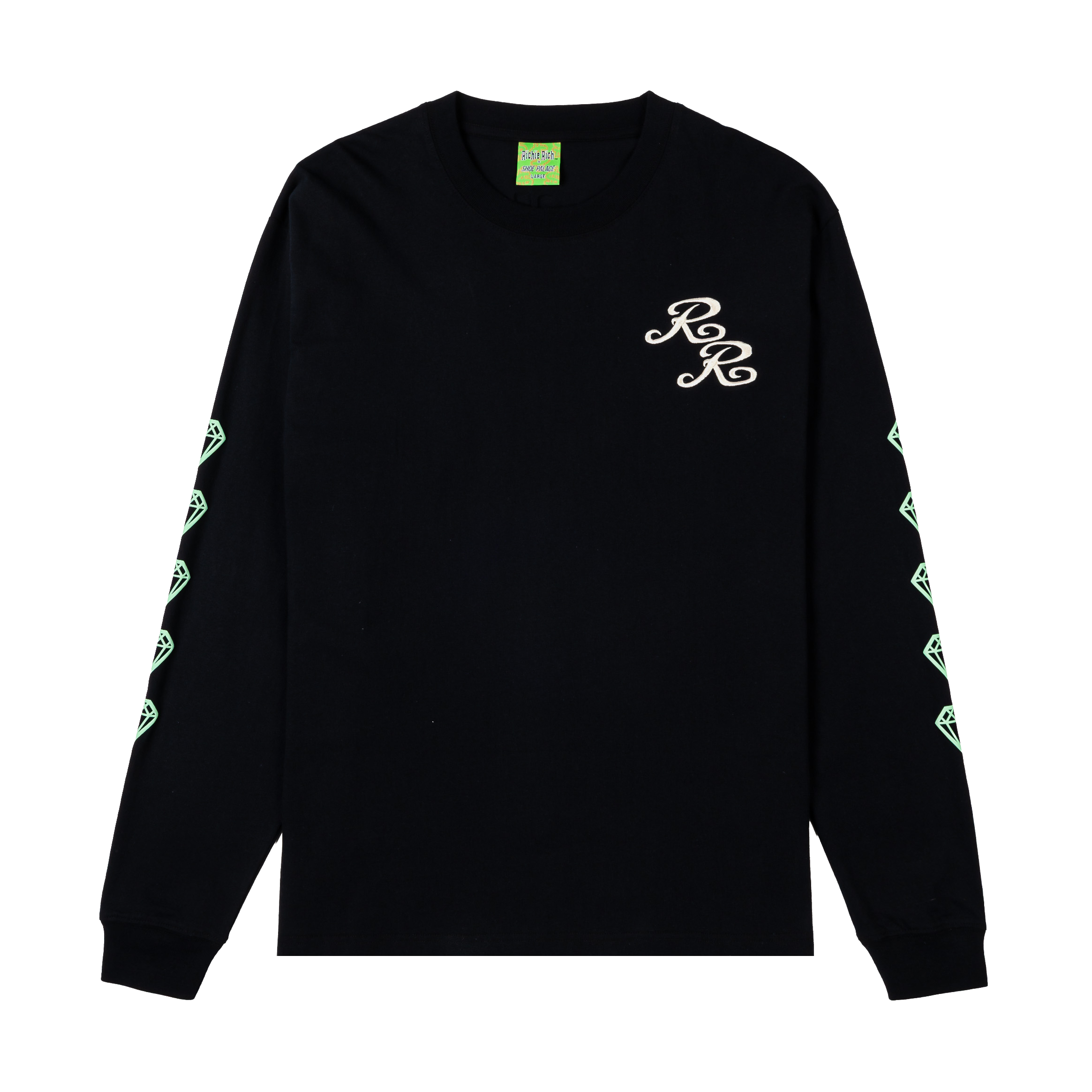 Black long-sleeve shirt with decorative sleeves and embroidered logo.